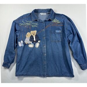 Vintage Together Chambray Embroidered Teddy Bears Shirt Sz XL Trees Button Up